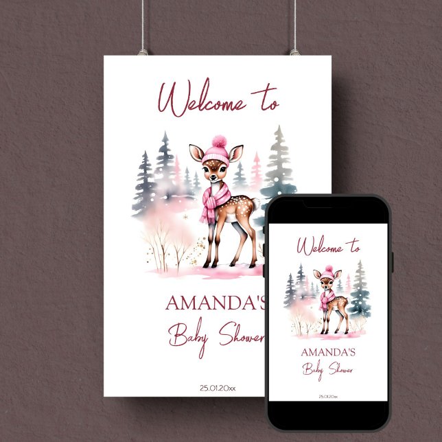 Poster Bébé c'est froid fille cerf baby shower signe de b (Baby it's cold outside cute girl deer baby shower editable template welcome sign digital download )