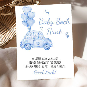 Poster Bébé Chasse Sock Bleu Voiture Ballons Baby shower 
