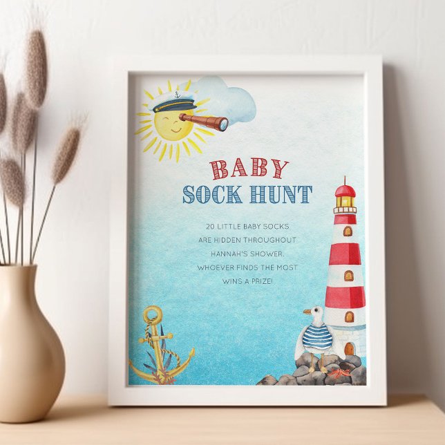 Poster Bébé Chasse Sock Cute Baby shower nautique Jeu (Baby Sock Hunt Sign - printed or digital - from my Ahoy it's a boy Nautical Baby Shower collection)