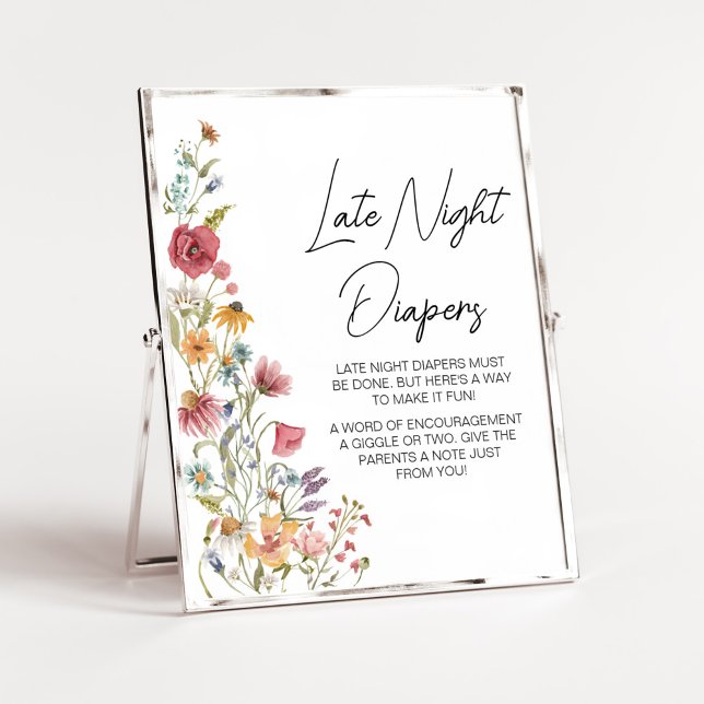 Poster Bébé de printemps en fleur Baby shower couche noct (Boho Wildflower Baby Shower Late Night Diapers Sign)