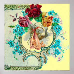 POSTER BÉBÉ DE STORK DOUCHE FILLE JAUNE