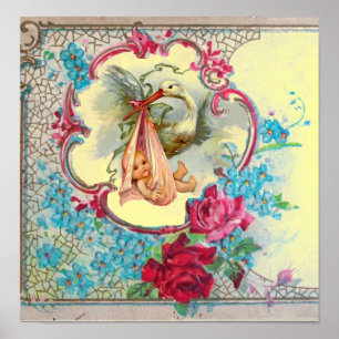 POSTER BÉBÉ DE STORK DOUCHE FILLE JAUNE