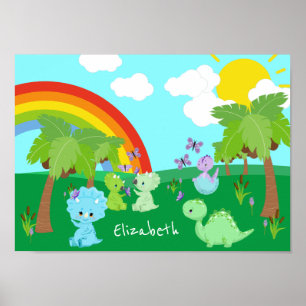 Poster Bébé Dinosaures avec papillons, arc-en-ciel et sol