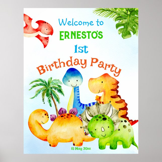 Poster Bébé dinosaures bébé fête d'anniversaire bienvenue (Devant)