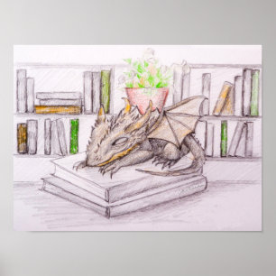 Poster Bébé dragon bibliophile amateur de livres biblioth