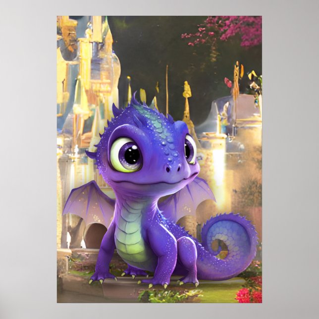 Poster Bébé Dragon Violet Et Imaginaire Château Médiéval (Devant)
