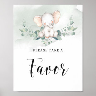 Poster Bébé éléphant vert eucalyptus boho signe de faveur