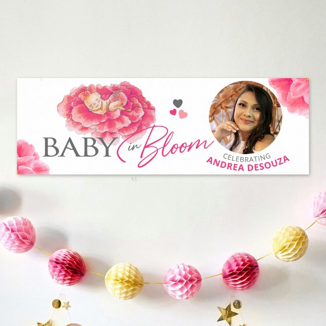 Poster Bébé en fleur aquarelle baby shower photo rose (Créateur téléchargé)