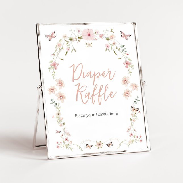 Poster Bébé en fleur Baby shower Papillon  Déchets Raffle (Spring Butterflies Baby Shower Diaper Raffle Sign)