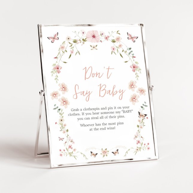 Poster Bébé en fleur Baby shower papillon Ne pas dire béb (Spring Butterflies Baby Shower Don't Say Baby Sign)