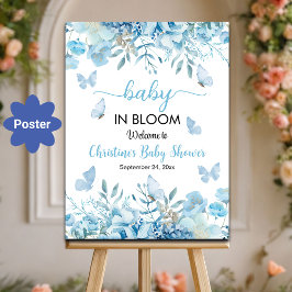Poster Bébé en Fleur Bleu Baby shower Floral Bienvenue