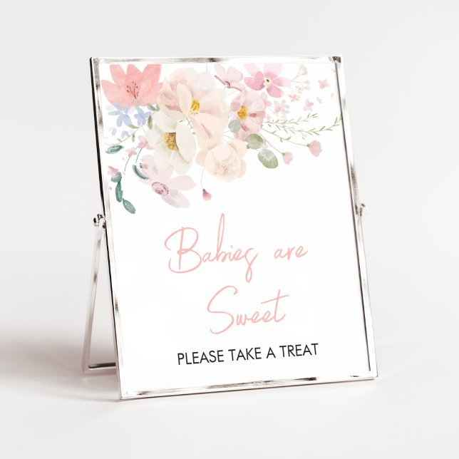 Poster Bébé en Fleur Bleu rose floral Bébé sont doux (Blush Pink Floral Baby in Bloom Baby Shower Babies are Sweet Sign)