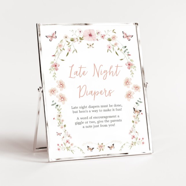 Poster Bébé en fleur papillon Late Night Diapers (Spring Butterflies Baby Shower Late Night Diapers Sign)