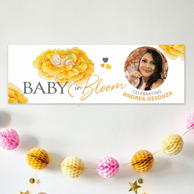 Poster Bébé en fleurs aquarelle jaune baby shower photo (Créateur téléchargé)