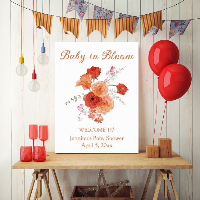 Poster bébé en fleurs baby shower botanique orange accuei (Créateur téléchargé)