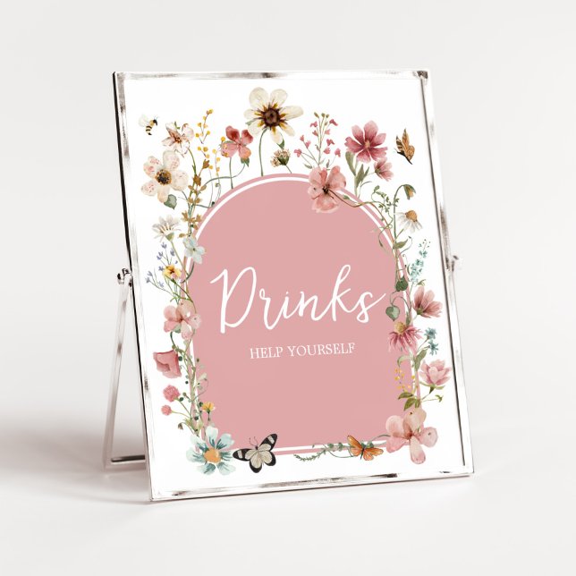 Poster Bébé en fleurs Boissons Fleurs sauvages (Muted Pink Spring Flowers Baby Shower Drinks Sign)