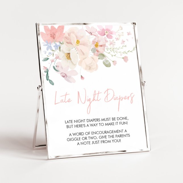 Poster Bébé en fleurs rose rose florale Late Night Diaper (Blush Pink Floral Baby in Bloom Baby Shower Late Night Diapers Sign)
