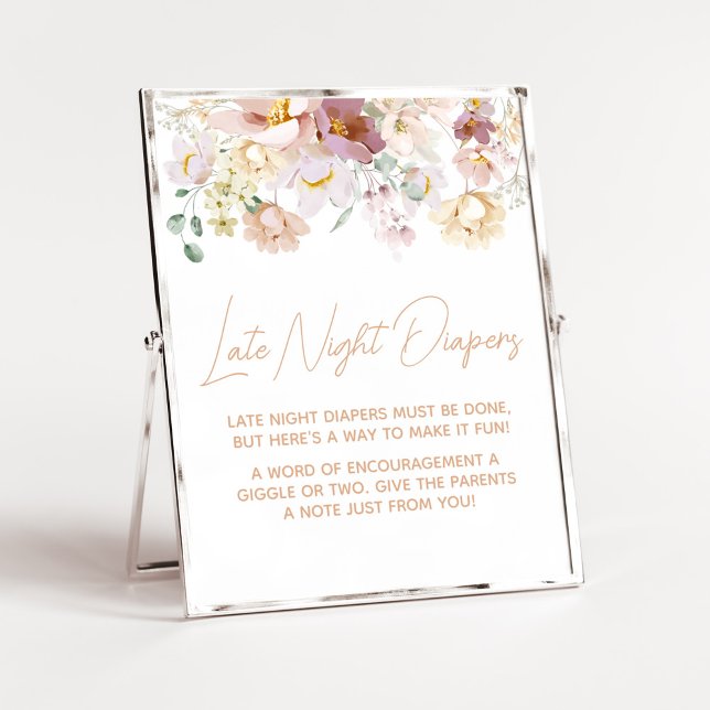 Poster Bébé en floraison Florals couche tard dans la nuit (Spring Wildflower Baby Shower Late Night Diaper Sign)