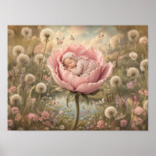 Poster Bébé endormi dans une fleur rose