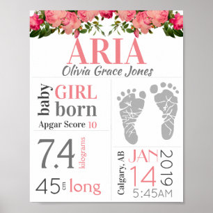 Poster Bébé Fille Naissance Stat Signal rose Flore Emprei