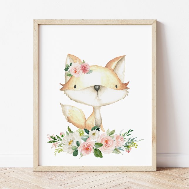 Poster Bébé Fox, Bois Animaux, Boho, Fleurs roses (Créateur téléchargé)