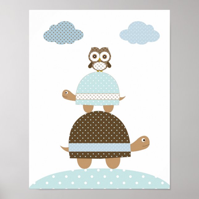 Poster Bébé garçon chouette tortue art de nurserie (Devant)