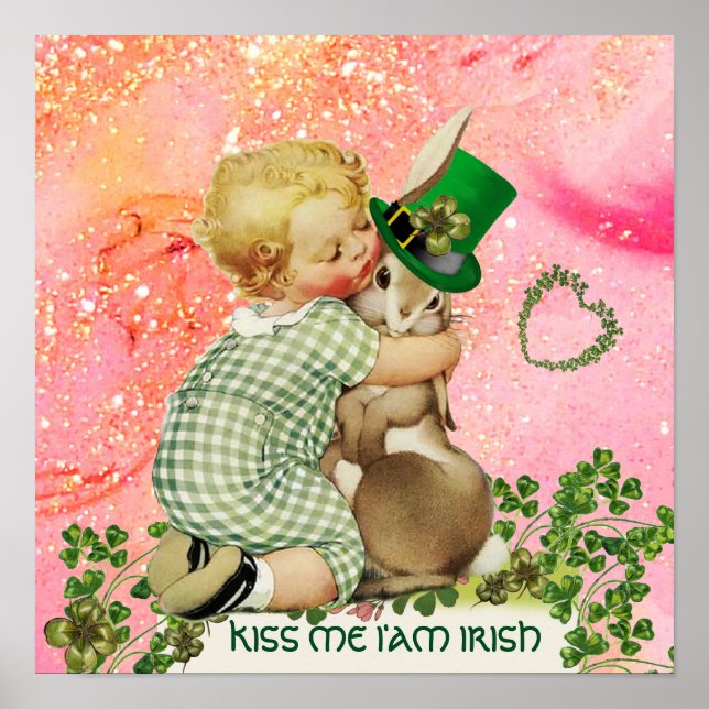 Poster BÉBÉ HUGING RABBIT St.Patrick's Day, Floral rose (Devant)