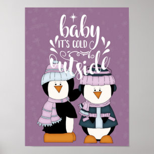 Poster Bébé il fait froid dehors Manchots violets et bleu
