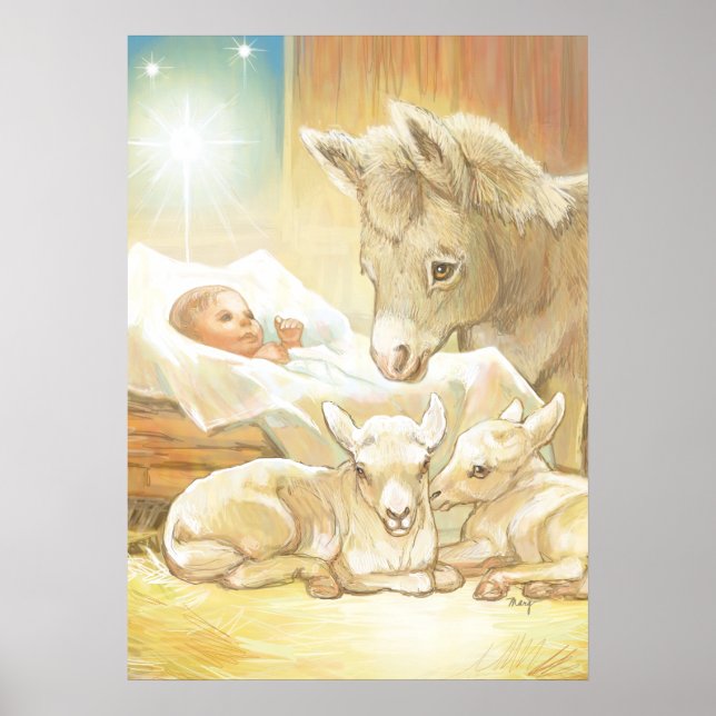 Poster Bébé Jésus Nativité avec agneaux et âne (Devant)