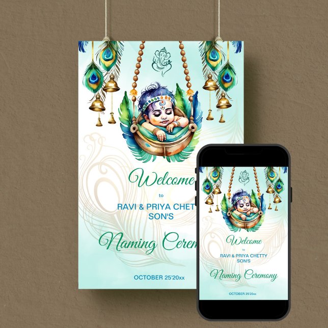 Poster Bébé Krishna Cérémonie de baptême du berceau bienv (Baby Krishna Naming Cradle Namkaran Hindu Ceremony welcome sign Poster editable template download)