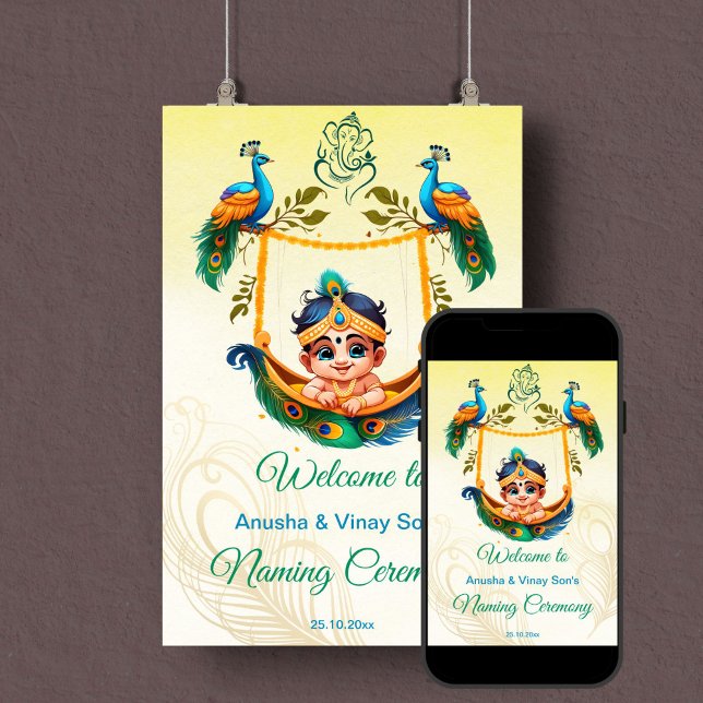 Poster Bébé Krishna Cérémonie de reconnaissance du bercea (Baby Krishna baby naming cradle namkaran ceremony welcome sign template poster instant download)
