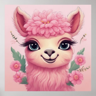 Poster Bébé Lama Souriant Rose