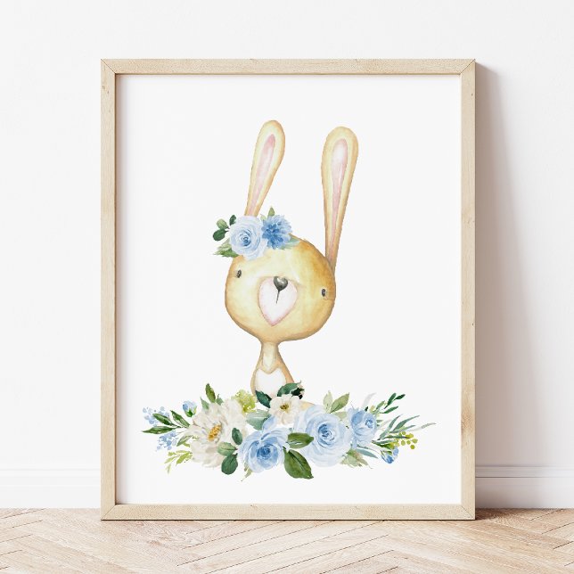 Poster Bébé lapin, Animaux en bois, Boho, Fleurs bleues (Créateur téléchargé)