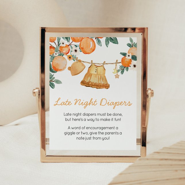 Poster Bébé Ligne de linge Fruit Orange Late Night Diaper (Baby Clothesline Orange Baby Shower Late Night Diapers Sign)