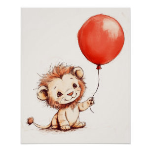 Poster Bébé Lion Joueur avec Ballon Rouge
