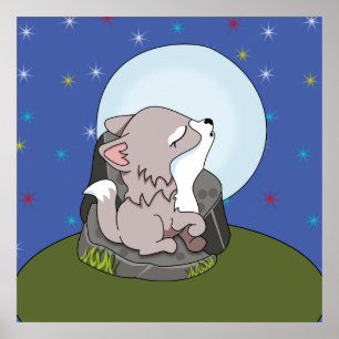 Poster Bébé loup hurlant à la lune