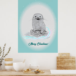 Poster Bébé loutre de mer blanche mignonne, Joyeux Noël