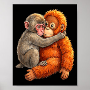 Poster Bébé macaque serrant dans ses bras un singe mignon