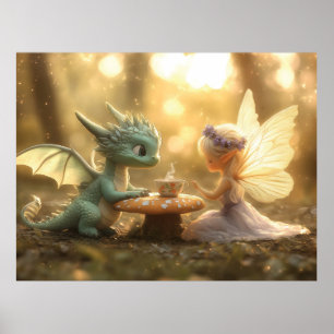 Poster Bébé mignon Dragon et Fée Profitant du thé