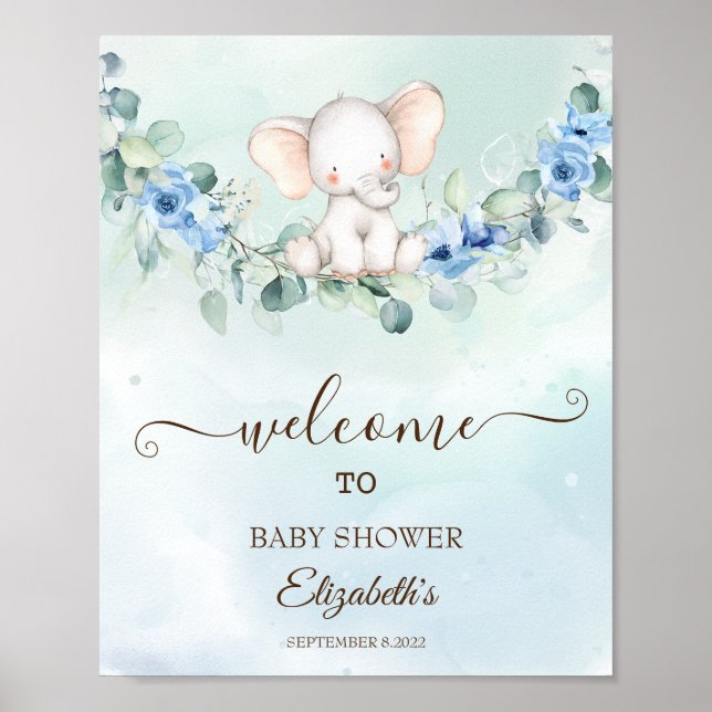 Poster Bébé mignon Eléphant Bleu Roses (Devant)