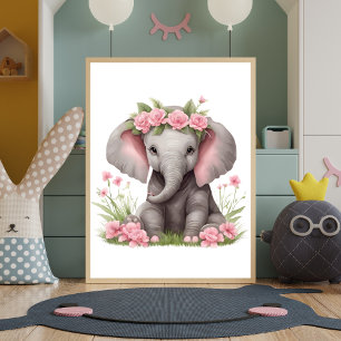 Poster Bébé mignon Eléphant Fleurs roses Pépinière