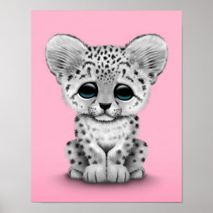 Poster Bébé mignon Léopard de neige sur rose