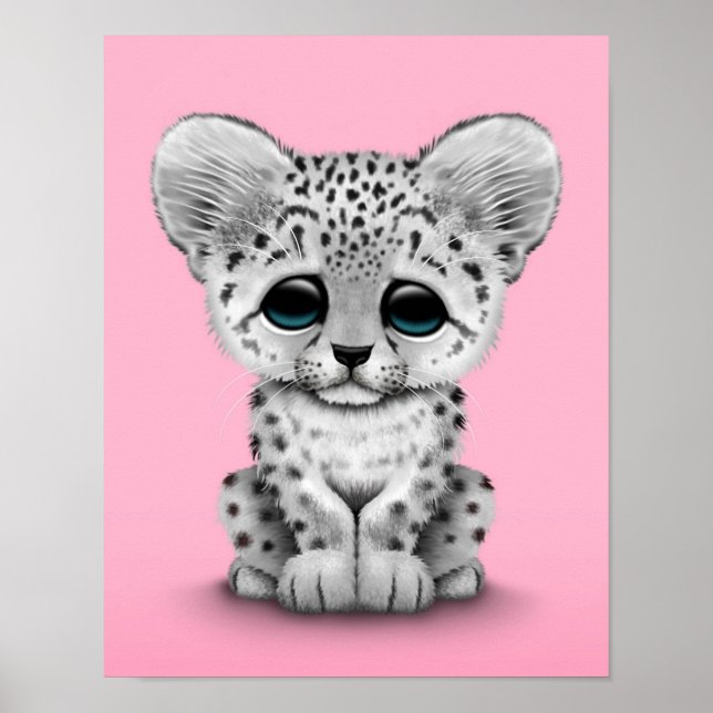 Poster Bébé mignon Léopard de neige sur rose (Devant)