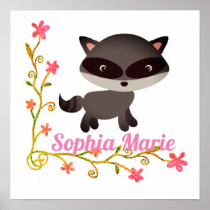 Poster Bébé mignon Raccoon avec fleurs