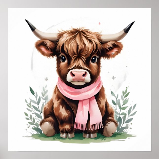 Poster Bébé mignon vache Highland avec fleurs - Agritouri (Devant)