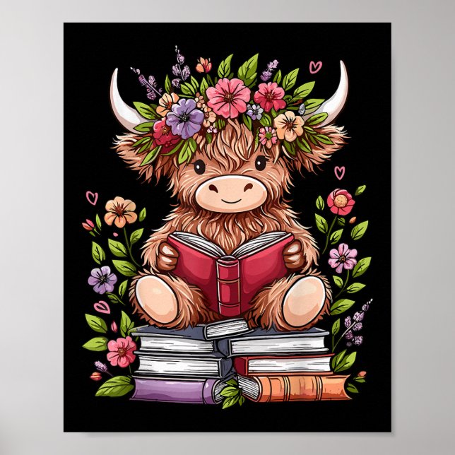Poster Bébé mignon vache Highland avec livre de lecture v (Devant)