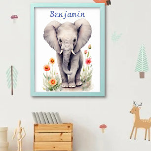 Poster Bébé mou Eléphant Pastel Aquarelle Fleur de printe