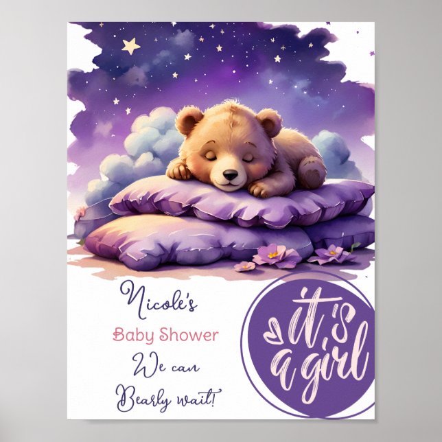 Poster Bébé ours dormant violet Galaxy Baby shower fille (Devant)