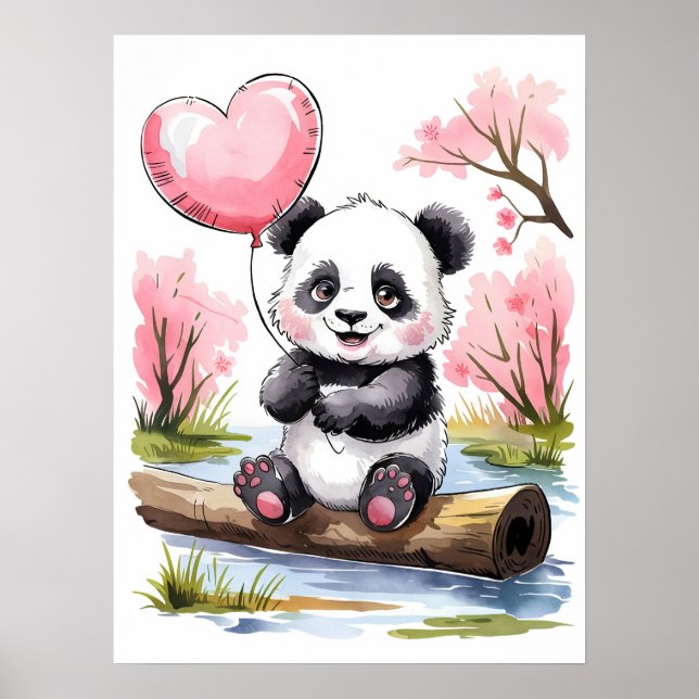 Poster Bébé Panda Mignon avec Ballon en Forme de Cœur - A (Devant)