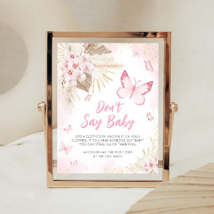 Poster Bébé Papillon Rose Fête Prénatale Panneau 'Ne dite